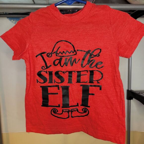 Rabbit Skins Kid's Tee I am The Sister Elf Red - Size 2 - Picture 1 of 2